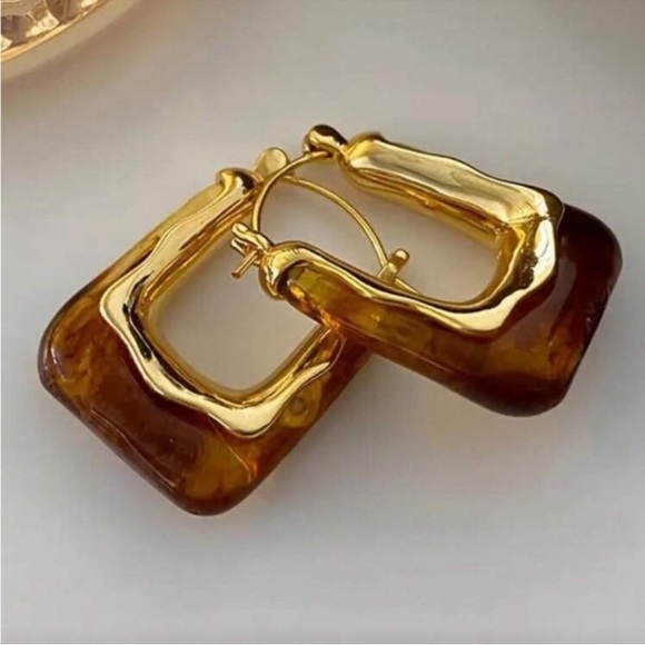 Anthropologie Jewelry - Minimalist Gold Brown Square Hoop Earrings